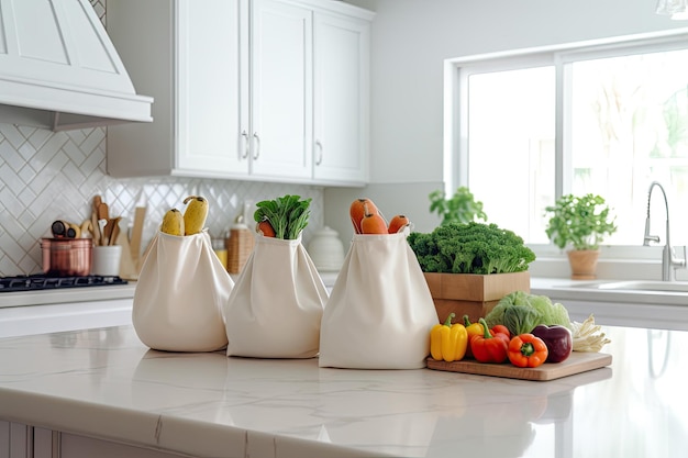 Bags of groceries on the countertop