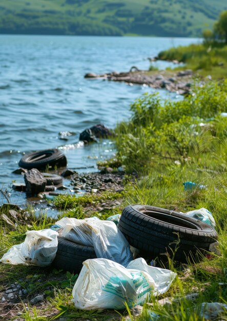 Bags and tires thrown on the grass by the water pollution of nature