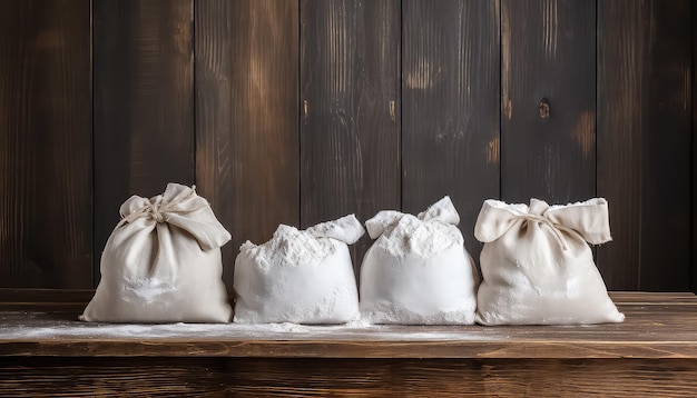bags in a wooden table filled with flour in the style of industrial