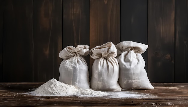 bags in a wooden table filled with flour in the style of industrial