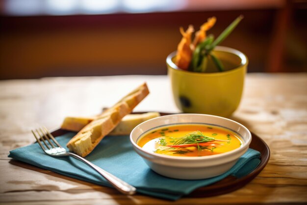 Baguette alongside a bowl of tomato soup