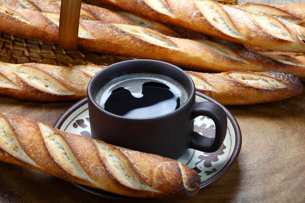 baguette bread and coffee at the bakery