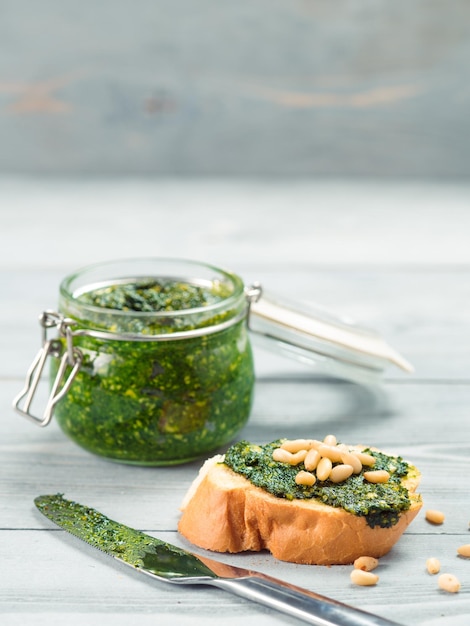 Baguette bread with fresh pesto