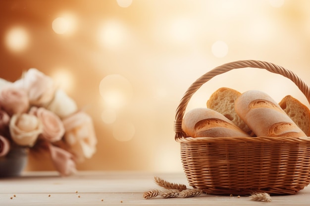 baguette brood en mand op wazige zachte bruine en witte achtergrond