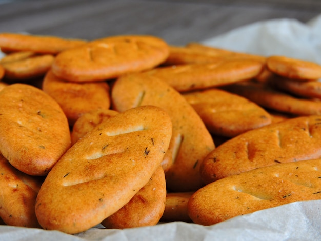 Baguette crackers on paper.