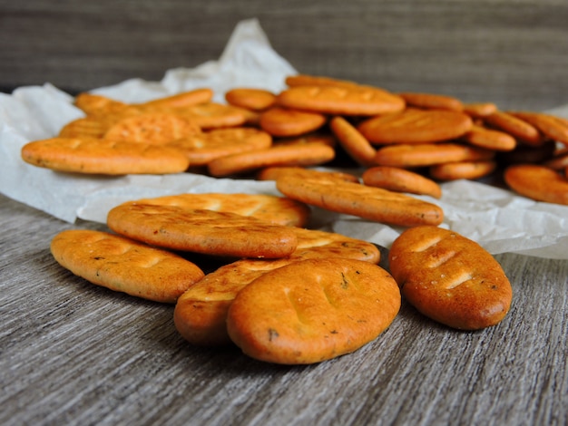 Photo baguette crackers on paper.