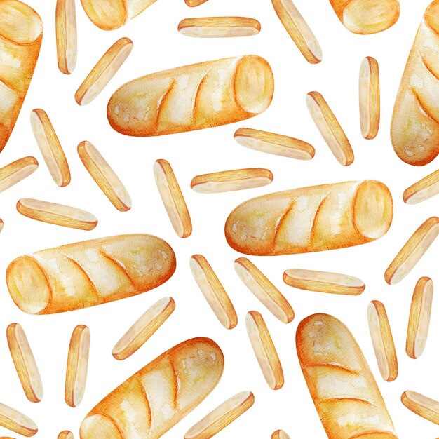 Baguette crouton sliced bread watercolor seamless pattern