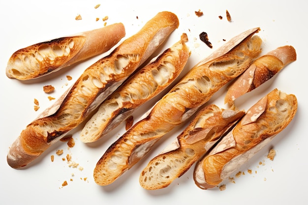 Photo baguette isolated on white broken in pieces top view