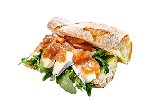 Baguette sandwich with goat cheese pear marmalade chard and spinach Isolated on white background