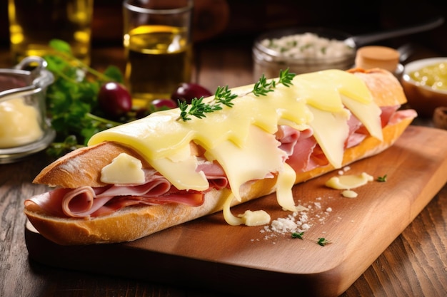 Photo baguette sandwich with ham and melted cheese