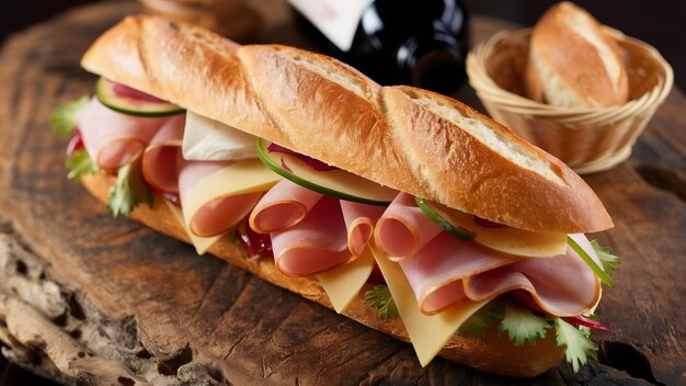 Baguette sandwich with ham on a wooden board