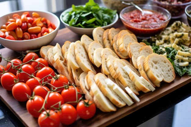 Foto fette di baguette disposte su un vassoio pronte per i condimenti della bruschetta