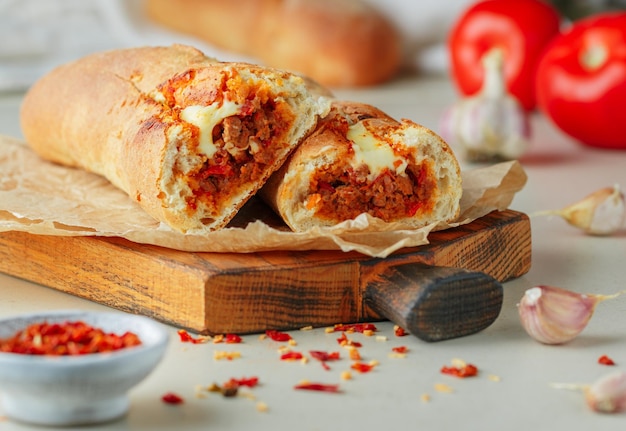 Baguette stuffed with bolognese ragout