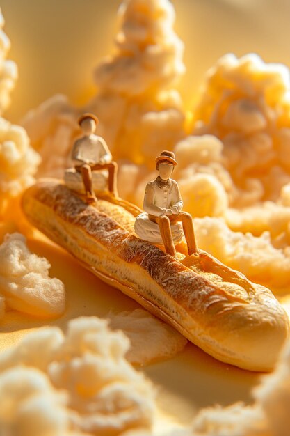 A baguette with two people riding it the background is a light yellow with white clouds floating in the sky