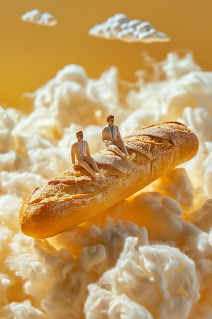 A baguette with two people riding it the background is a light yellow with white clouds floating in the sky