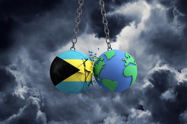 Bahamas flag ball smashing into planet earth global impact and disaster concept d render