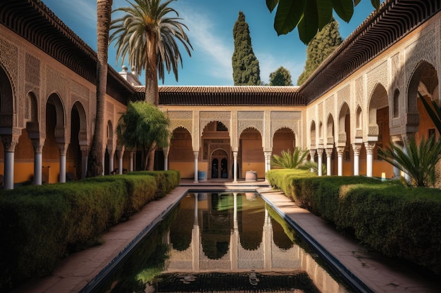 Bahia Palace en het Atlasgebergte in Marrakech Marokko Adembenemende schoonheid generatieve IA