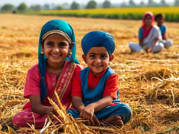 Baisakhi indian festival with children in fields