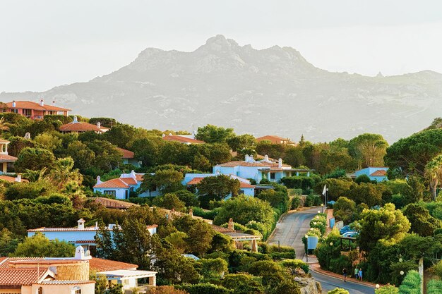 Baja Sardinia architecture and nature at Costa Smeralda in the evening, in Sardinia, Italy