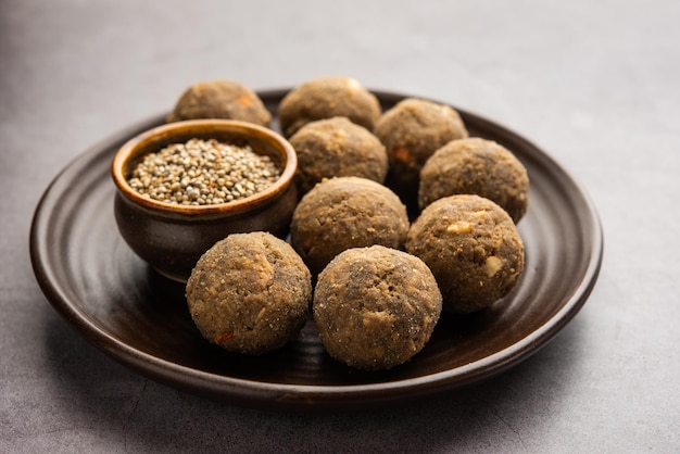 Bajra Atta Ladoo or kuler laddoo Millet Flour Laddu a popular winter sweet snack food from India