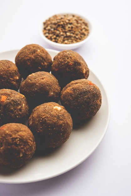 Bajra Atta Ladoo or kuler laddoo Millet Flour Laddu a popular winter sweet snack food from India