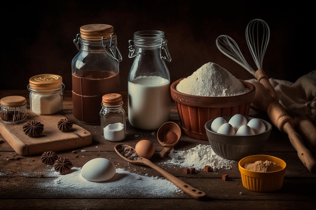 Bakbenodigdheden op een houten tafel Generatieve AI