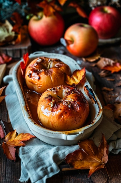 baked apple on a baking sheet Selective focus