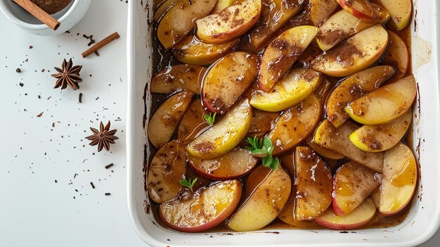 Baked apple slices with cinnamon and apple syrups top view with a big empty space for text or product Generative AI