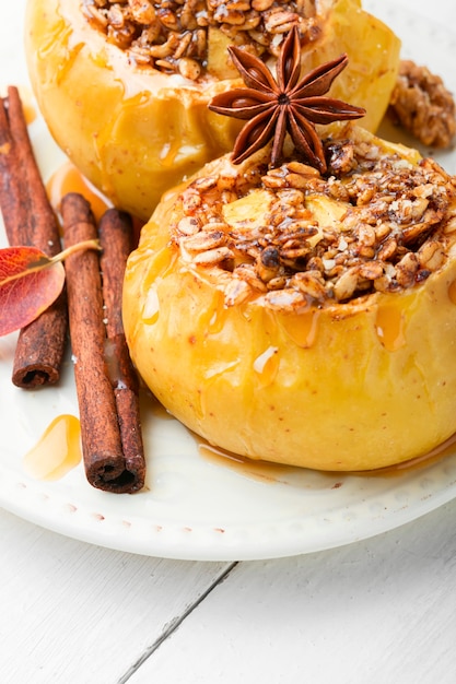 Baked apples stuffed with oatmeal and nuts.