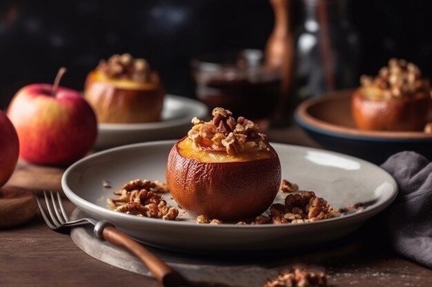 Baked apples with cinnamon and nuts served on a white background Generative AI