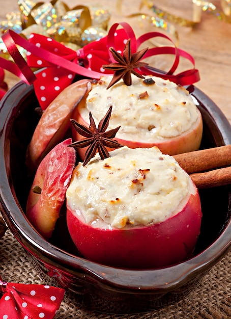 Baked apples with honey cream cheese, raisins and nuts