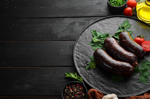 Baked blood sausage Buckwheat sausage Top view Free space for your text