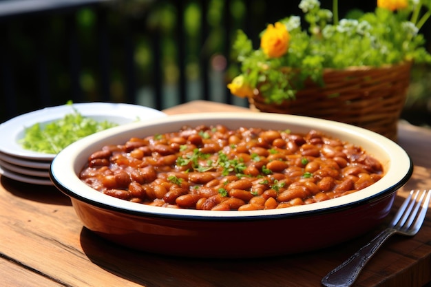 Baked Boston Beans on a plate in the garden on the table