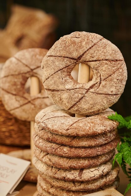 Baked bread cut for tasting by visitors