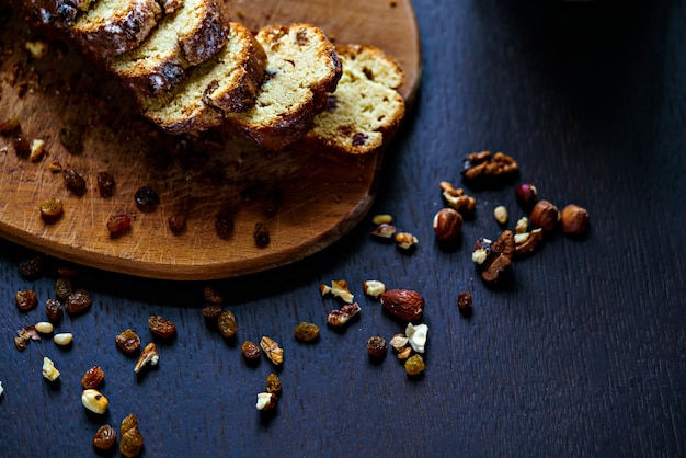 Baked bread with raisins and nuts