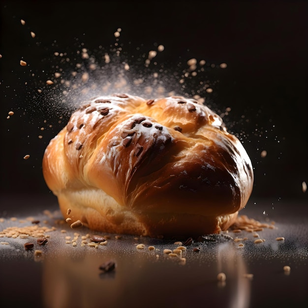 Baked bread with sesame seeds on a black background with splashes