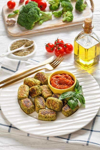 Baked broccoli tots on a white plate with marinara sauce on a wooden table with ingredients on a cutting board and golden cutlery,vertical view from above