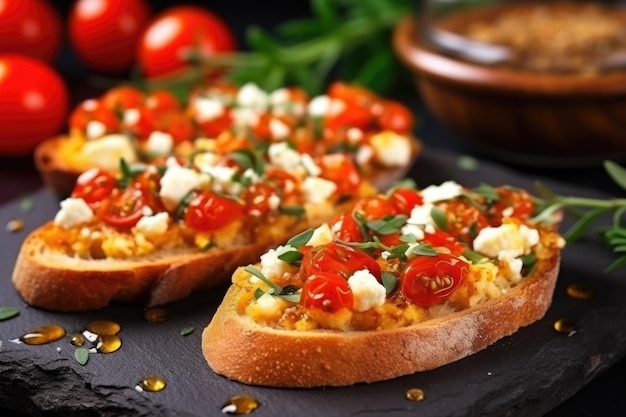 Baked bruschetta with feta and cherry tomatoes closeup