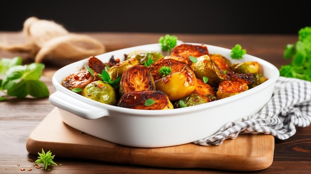 Baked Brussels Sprouts in white baking dish with olive oil and fresh herbs on wooden background Vegetarian cuisine Healthy vegetable side dish Thanksgiving day food concept Roasted Brussel sprouts