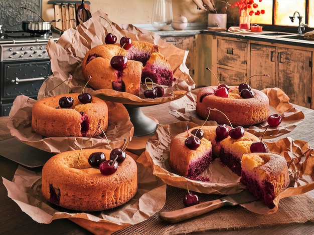 Photo baked cakes with a cherry and a kitchen knife are on brown paper wooden table