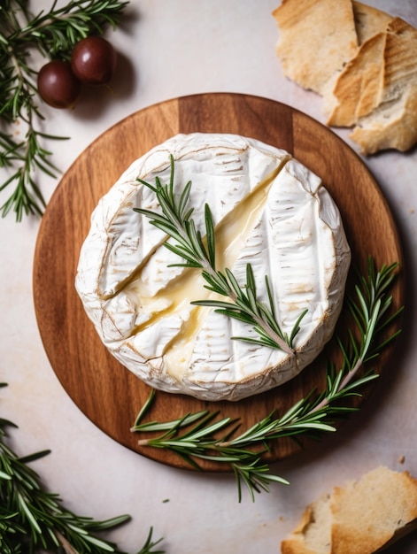 Baked camembert cheese served on wooden board with herbs and bread top table view photo