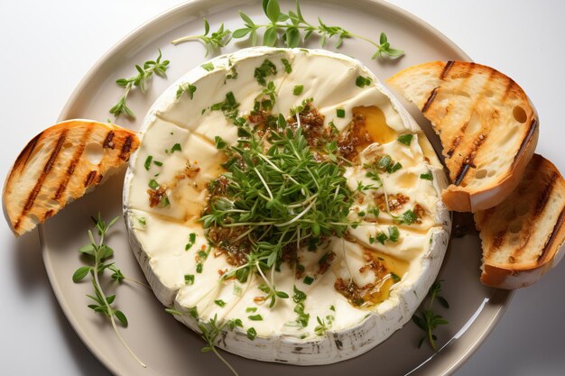 Photo baked camembert cheese with spices herbs sauce and baguette