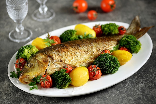 Baked carp fish with potatoes cherry tomatoes and broccoli