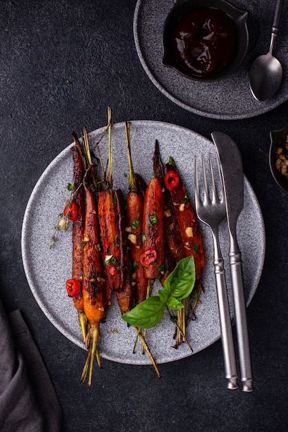 Baked carrot glazed with soy sauce and honey