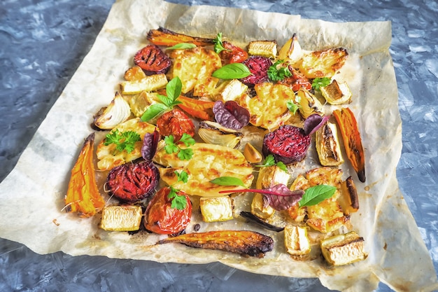 Baked carrots, beets, potatoes,zucchini and tomatoes on a baking sheet, top view