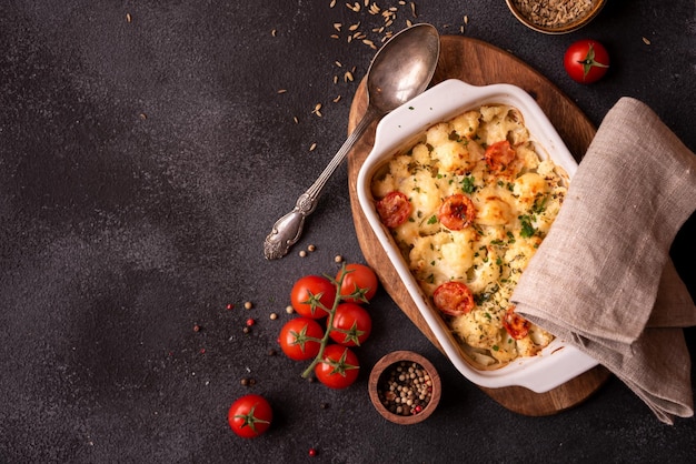 Baked cauliflower cooked with tomatoes and creamy cheese healthy vegetable meal