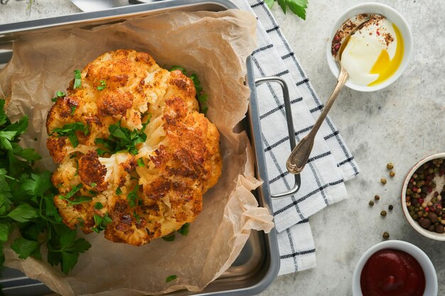 Baked cauliflower Oven or whole baked cauliflower spices and herbs server on wooden rustic board on old grey background table Delicious cauliflower Eyal Shani dish Perfect tasty snack