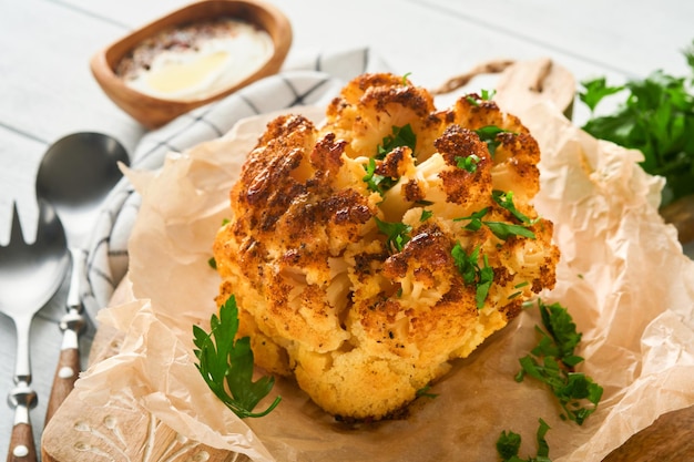 Baked cauliflower Oven or whole baked cauliflower spices and herbs server on wooden rustic board on old white wooden background table Delicious cauliflower Eyal Shani dish Perfect tasty snack
