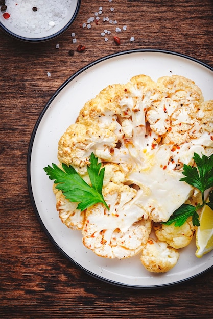 Baked cauliflower steak on plate rustic wooden table background top view