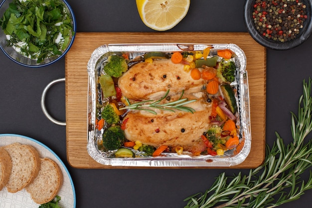 Petti di pollo al forno o filetto con verdure e verdure in un contenitore di metallo su un tagliere di legno. ciotole in vetro con salsa e peperoni pimento, limone, piatto con pane. vista dall'alto.